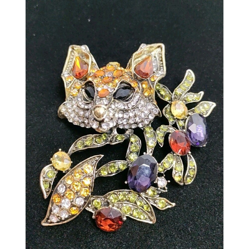 Multi Color Fox & Flower Rhinestone Brooch 3.5" X 3"